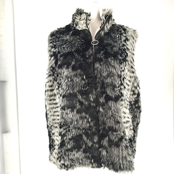 Faux Fur Vest Jacket, black/grey, size L/LX - Picture 1 of 7